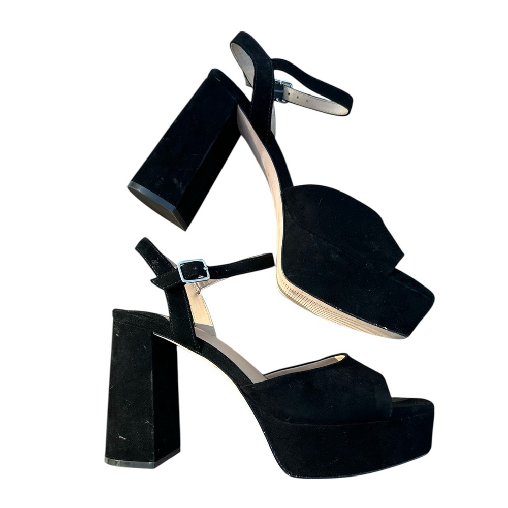 Antonio Melani Black Suede Platform Block Heels Ankle Strap Sandals Size 10